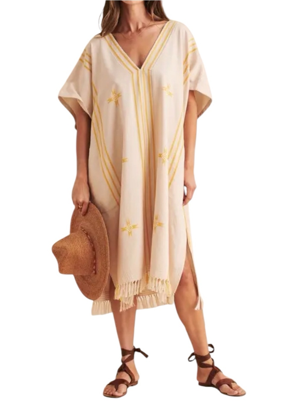 Faherty Women’s M/L Cream Yellow Embroidery Rey Caftan En Star Midi Caftan Dress